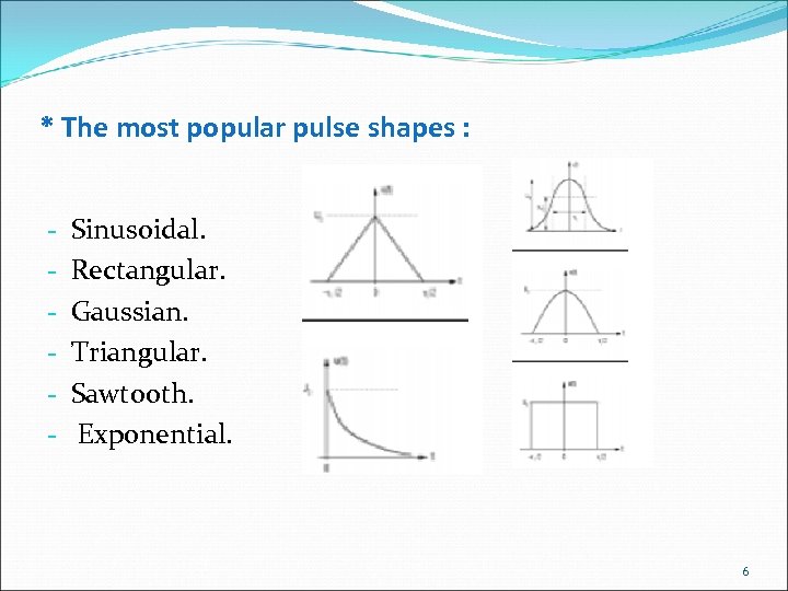 * The most popular pulse shapes : - Sinusoidal. Rectangular. Gaussian. Triangular. Sawtooth. Exponential.