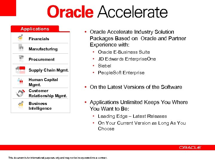 Applications Financials Manufacturing Procurement Supply Chain Mgmt. • Oracle Accelerate Industry Solution Packages Based