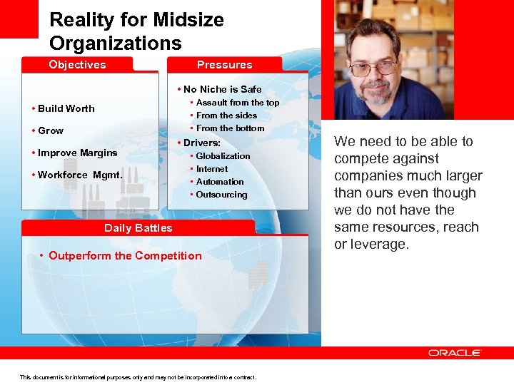 Reality for Midsize Organizations Objectives Pressures • No Niche is Safe • Assault from