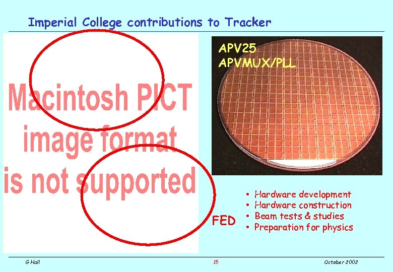 Imperial College contributions to Tracker APV 25 APVMUX/PLL FED G Hall 15 • •