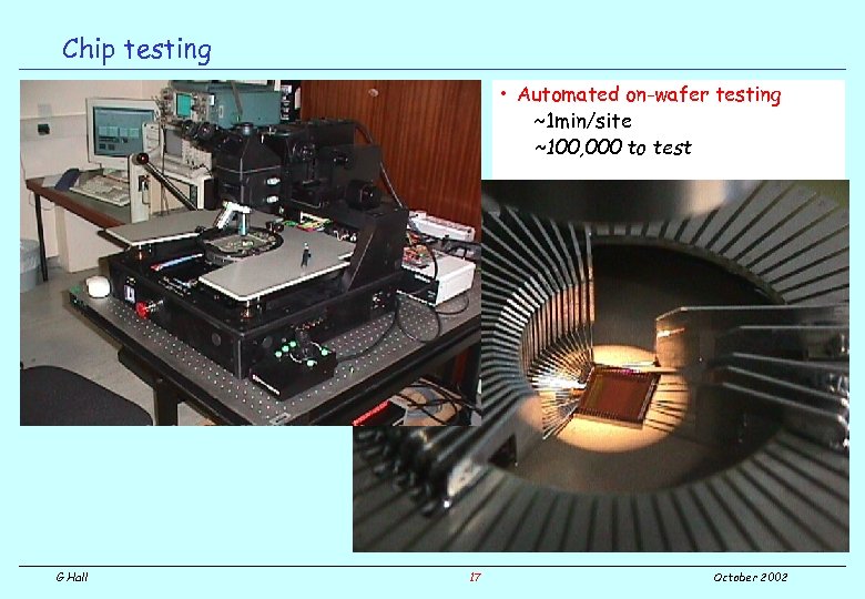 Chip testing • Automated on-wafer testing ~1 min/site ~100, 000 to test G Hall