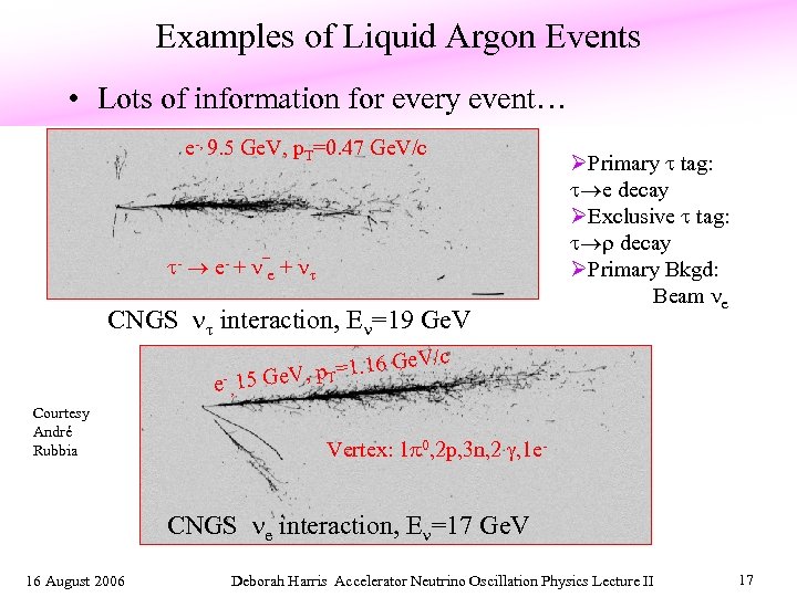 Examples of Liquid Argon Events • Lots of information for every event… e-, 9.
