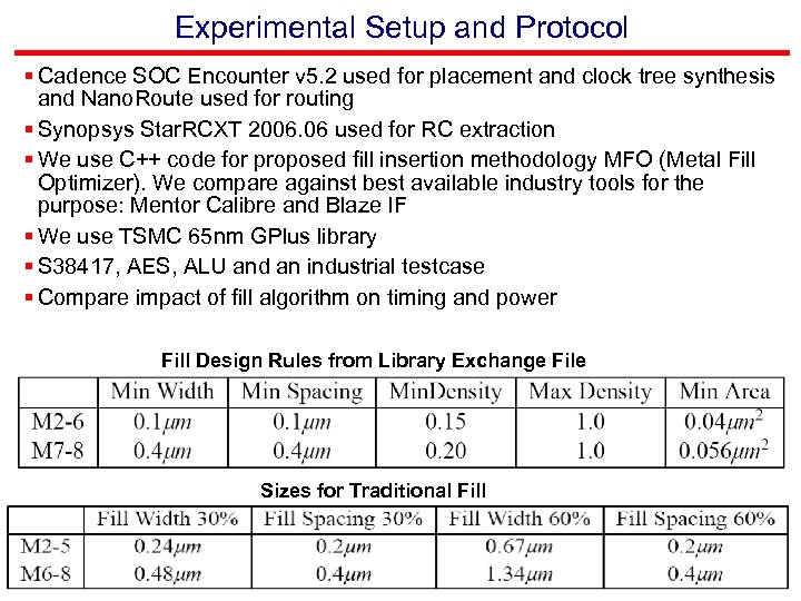 Experimental Setup and Protocol § Cadence SOC Encounter v 5. 2 used for placement