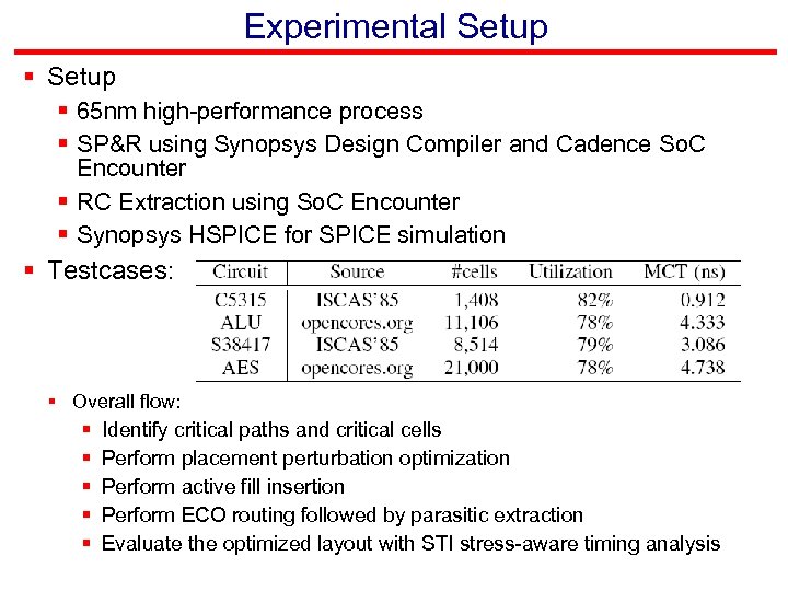 Experimental Setup § 65 nm high-performance process § SP&R using Synopsys Design Compiler and