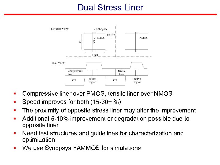 Dual Stress Liner § § § Compressive liner over PMOS, tensile liner over NMOS