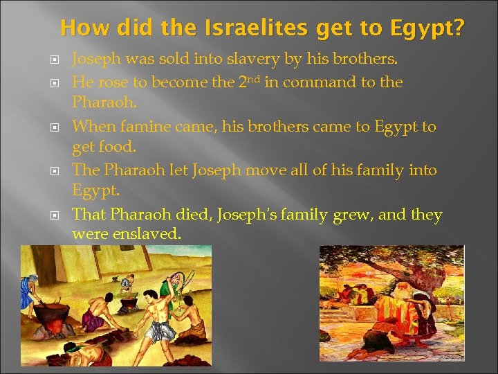 How did the Israelites get to Egypt? Joseph was sold into slavery by his