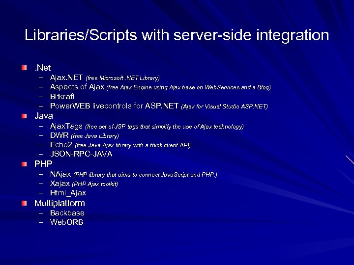 Libraries/Scripts with server-side integration. Net – – Ajax. NET (free Microsoft. NET Library) Aspects