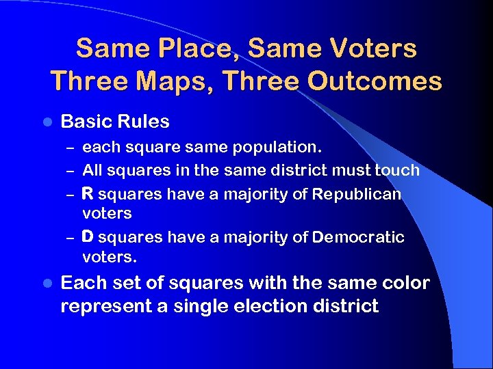 Same Place, Same Voters Three Maps, Three Outcomes l Basic Rules – each square