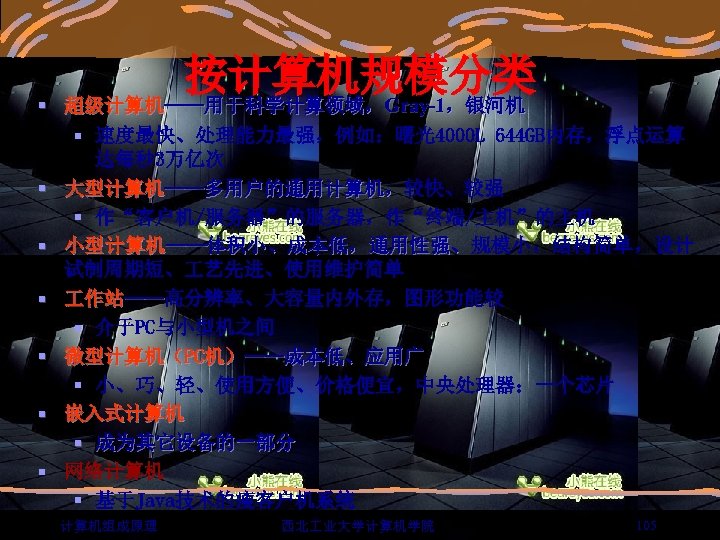 按计算机规模分类 超级计算机——用于科学计算领域，Gray-1，银河机 § 速度最快、处理能力最强，例如：曙光4000 L 644 GB内存，浮点运算 达每秒 3万亿次 § 大型计算机——多用户的通用计算机，较快、较强 多用户的通用计算机， § 作“客户机/服务器”的服务器，作“终端/主机”的主机