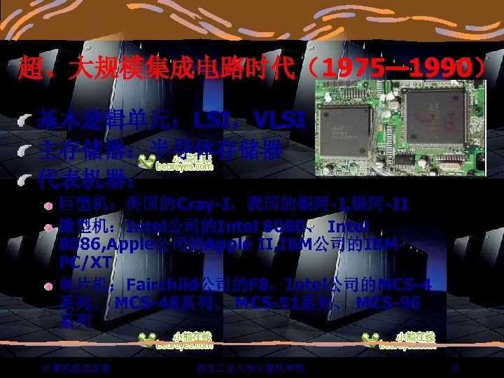 超、大规模集成电路时代（1975— 1990） 基本逻辑单元：LSI，VLSI 主存储器：半导体存储器 代表机器： 巨型机：美国的Cray-I，我国的银河-I, 银河-II 微型机：Intel公司的Intel 8080、 Intel 8086, Apple公司的Apple II, IBM公司的IBMPC/XT