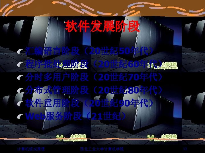 软件发展阶段 汇编语言阶段（20世纪 50年代） 程序批处理阶段（20世纪 60年代） 分时多用户阶段（20世纪 70年代） 分布式管理阶段（20世纪 80年代） 软件重用阶段（20世纪 90年代） Web服务阶段（21世纪） 计算机组成原理 西北