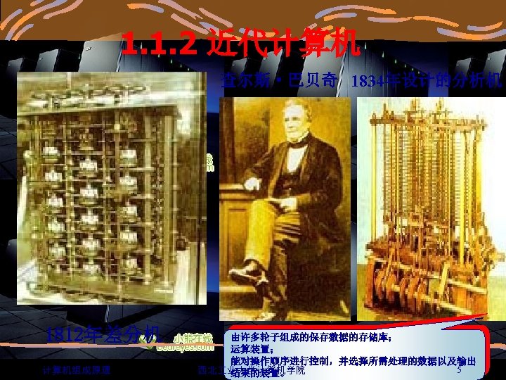 1. 1. 2 近代计算机 查尔斯·巴贝奇 1834年设计的分析机 1812年差分机 计算机组成原理 由许多轮子组成的保存数据的存储库； 运算装置； 能对操作顺序进行控制，并选择所需处理的数据以及输出 5 西北 业大学计算机学院