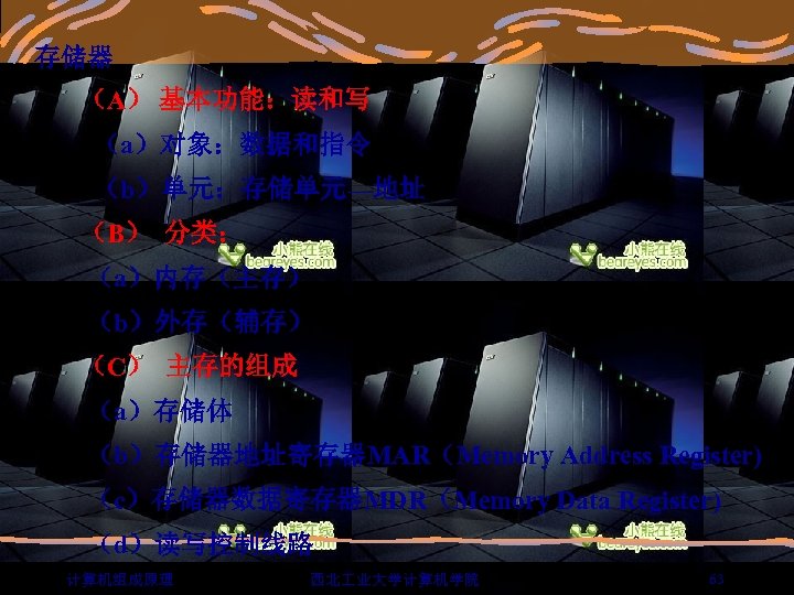 存储器 （A） 基本功能：读和写 （a）对象：数据和指令 （b）单元：存储单元—地址 （B） 分类： （a）内存（主存） （b）外存（辅存） （C） 主存的组成 （a）存储体 （b）存储器地址寄存器MAR（Memory Address