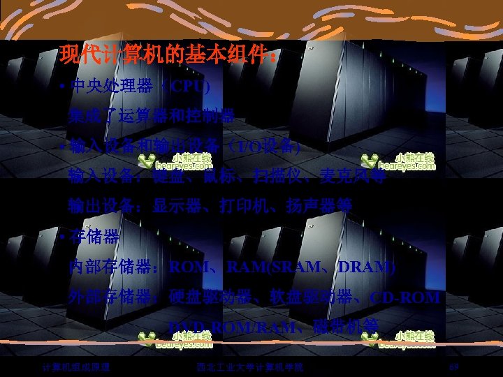现代计算机的基本组件： • 中央处理器（CPU) 集成了运算器和控制器 • 输入设备和输出设备（I/O设备) 输入设备：键盘、鼠标、扫描仪、麦克风等 输出设备：显示器、打印机、扬声器等 • 存储器 内部存储器：ROM、RAM(SRAM、DRAM) 外部存储器：硬盘驱动器、软盘驱动器、CD-ROM DVD-ROM/RAM、磁带机等 计算机组成原理
