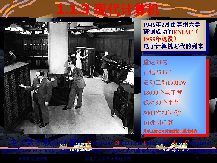 1. 1. 3 现代计算机 1946年 2月由宾州大学 研制成功的ENIAC（ 1955年退役） 电子计算机时代的到来 重达 30吨 占地 250 m