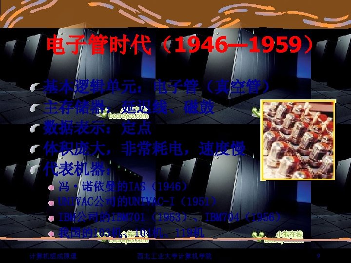 电子管时代（1946— 1959） 基本逻辑单元：电子管（真空管） 主存储器：延迟线、磁鼓 数据表示：定点 体积庞大，非常耗电，速度慢 代表机器： 冯·诺依曼的IAS（1946） UNIVAC公司的UNIVAC-I（1951） IBM公司的IBM 701（1953）、IBM 704（1956） 我国的103机、104机、119机 计算机组成原理
