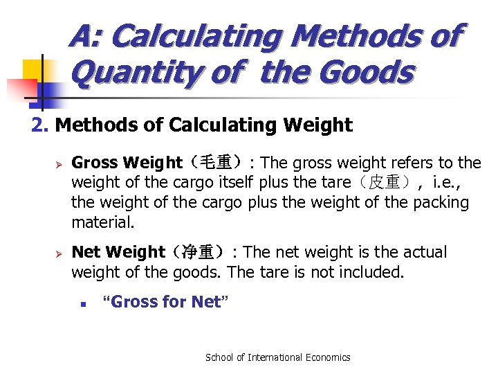 A: Calculating Methods of Quantity of the Goods 2. Methods of Calculating Weight Ø