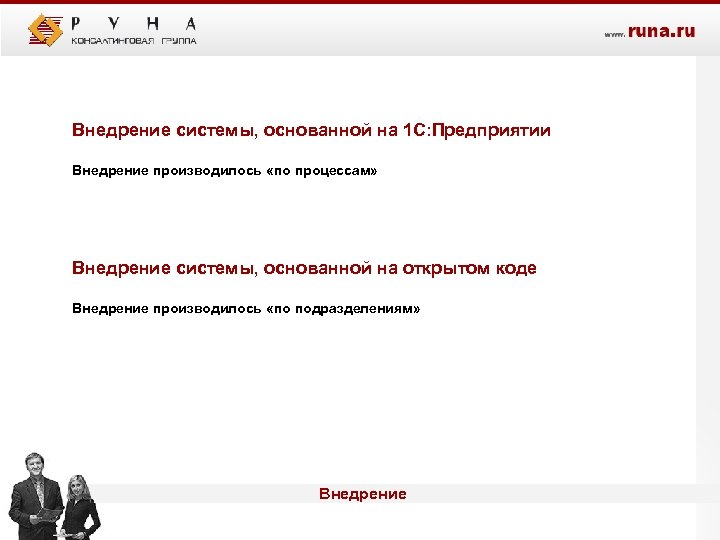 Внедрение системы, основанной на 1 С: Предприятии Внедрение производилось «по процессам» Внедрение системы, основанной