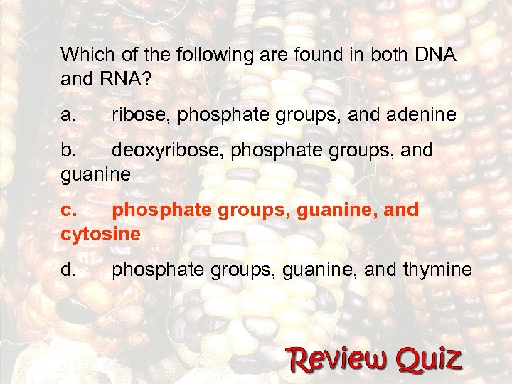 Which of the following are found in both DNA and RNA? a. ribose, phosphate