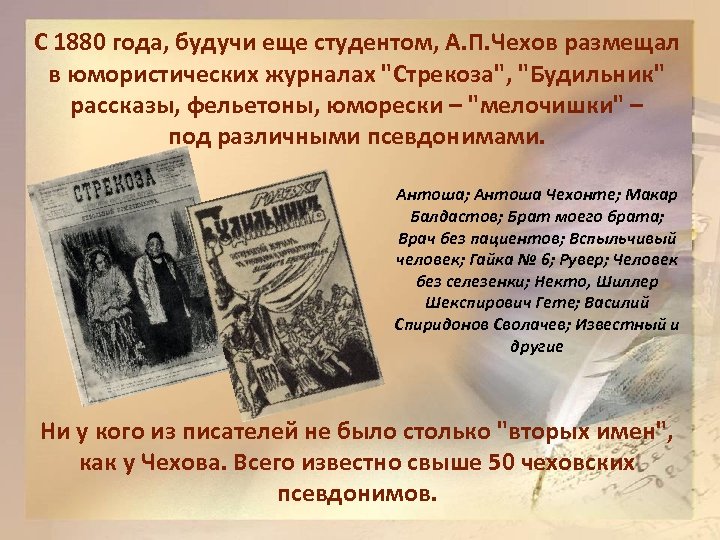 Чехов писал под псевдонимом. Произведения Чехова с псевдонимами. Псевдонимы писателя Чехова. Антоша Чехонте история псевдонима. Юмористические рассказы Чехова 1880 годов.