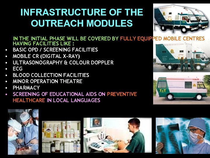 INFRASTRUCTURE OF THE OUTREACH MODULES • • IN THE INITIAL PHASE WILL BE COVERED