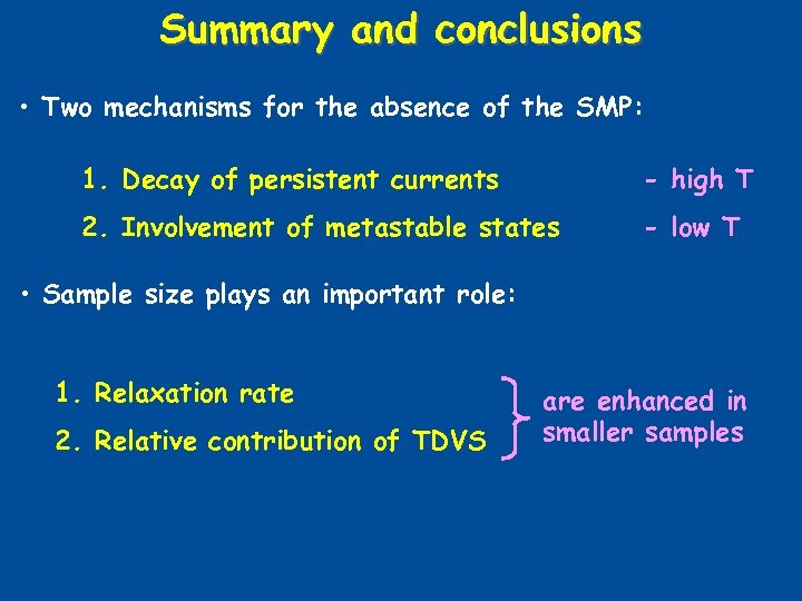 Summary and conclusions • Two mechanisms for the absence of the SMP: 1. Decay