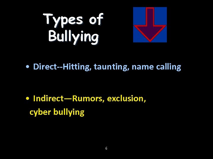 Types of Bullying • Direct--Hitting, taunting, name calling • Indirect—Rumors, exclusion, cyber bullying 6