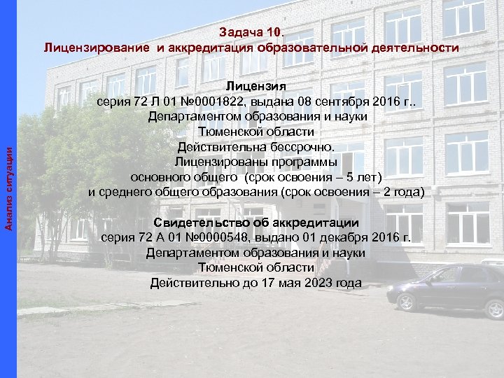 Анализ ситуации Задача 10. Лицензирование и аккредитация образовательной деятельности Лицензия серия 72 Л 01