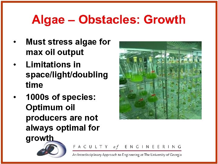 Algae – Obstacles: Growth • • • Must stress algae for max oil output