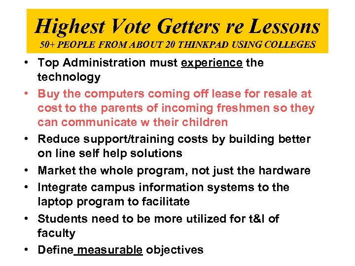 Highest Vote Getters re Lessons 50+ PEOPLE FROM ABOUT 20 THINKPAD USING COLLEGES •