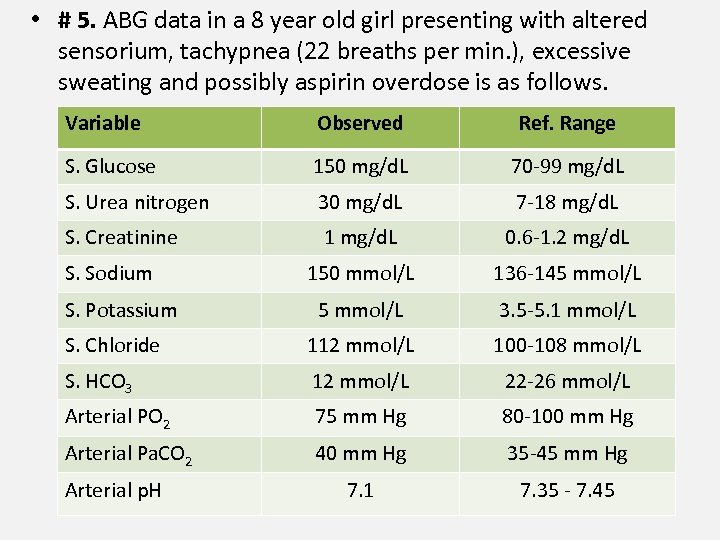  • # 5. ABG data in a 8 year old girl presenting with