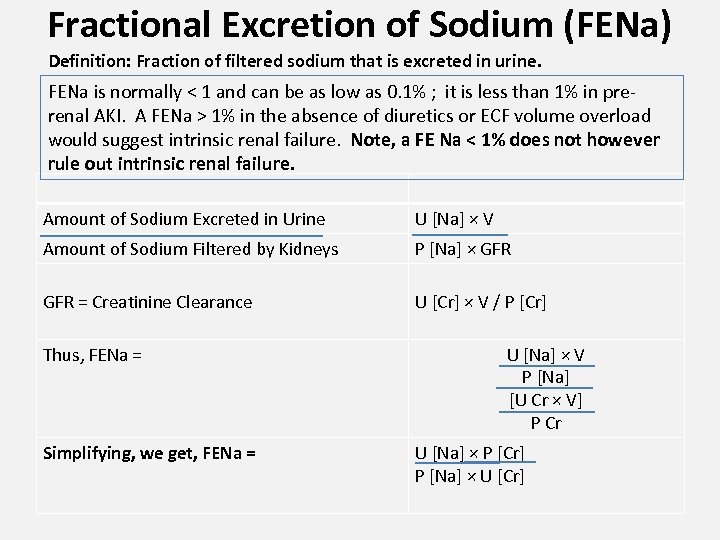 Fractional Excretion of Sodium (FENa) Definition: Fraction of filtered sodium that is excreted in