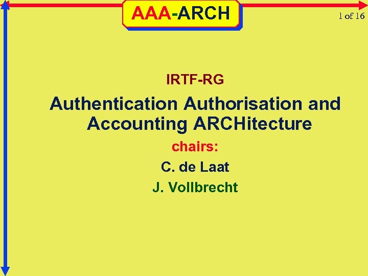 AAA-ARCH 1 of 16 IRTF-RG Authentication Authorisation and Accounting ARCHitecture chairs: C. de Laat
