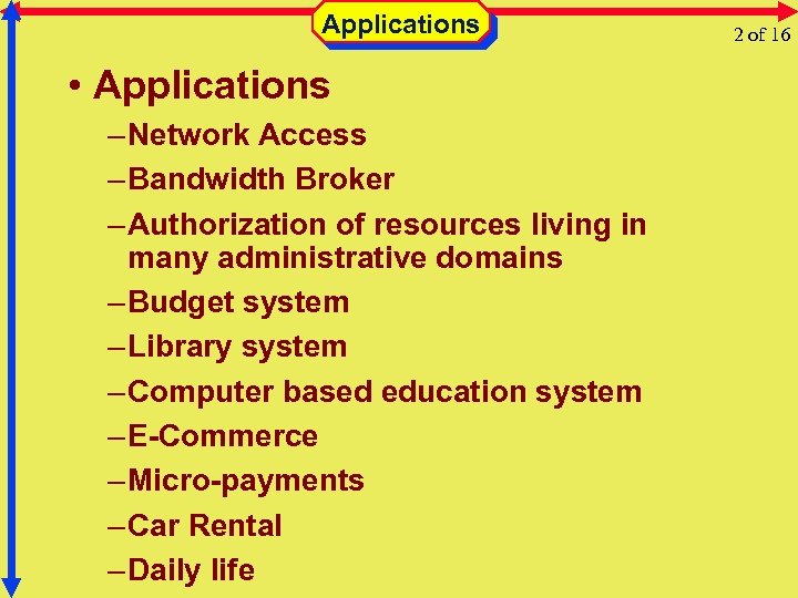 Applications • Applications – Network Access – Bandwidth Broker – Authorization of resources living