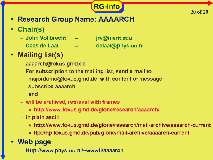 RG-info • Research Group Name: AAAARCH • Chair(s) – John Vollbrecht – Cees de