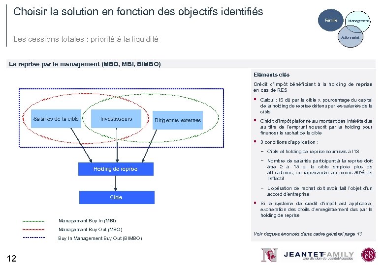 Choisir la solution en fonction des objectifs identifiés Famille Les cessions totales : priorité