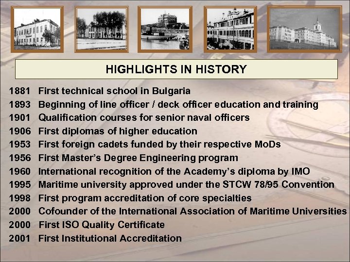 HIGHLIGHTS IN HISTORY 1881 1893 1901 1906 1953 1956 1960 1995 1998 2000 2001