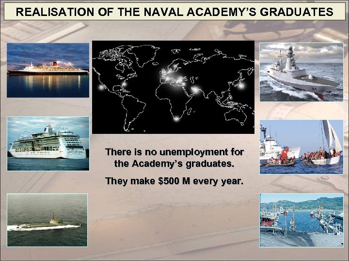 REALISATION OF THE NAVAL ACADEMY’S GRADUATES There is no unemployment for the Academy’s graduates.