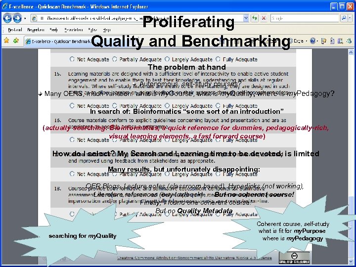 Proliferating Quality and Benchmarking The problem at hand Autonomous, self-study courses? Many OERS, much