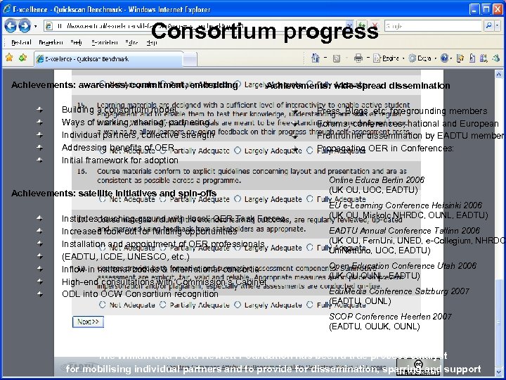Consortium progress Achievements: awareness, commitment, embedding Achievements: wide-spread dissemination Building a consortium model Ways