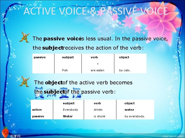 ACTIVE VOICE & PASSIVE VOICE The passive voice is less usual. In the passive