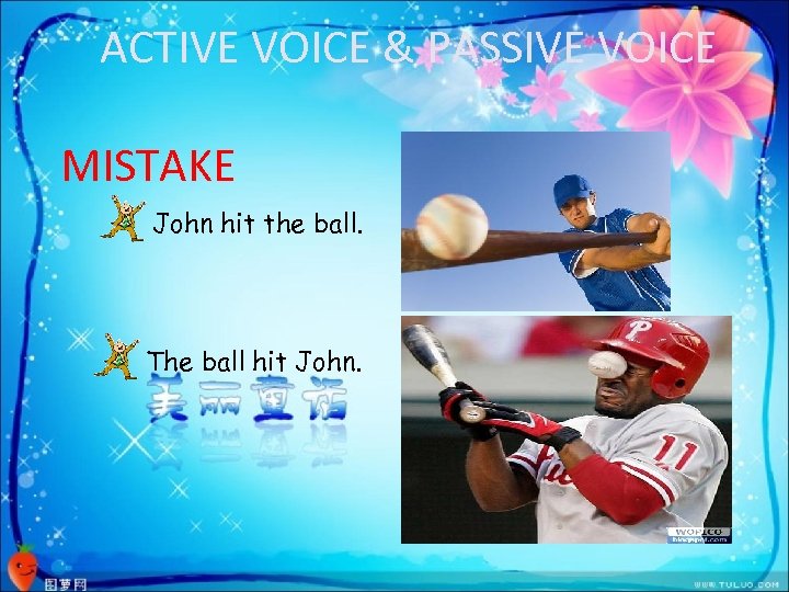 ACTIVE VOICE & PASSIVE VOICE MISTAKE John hit the ball. The ball hit John.