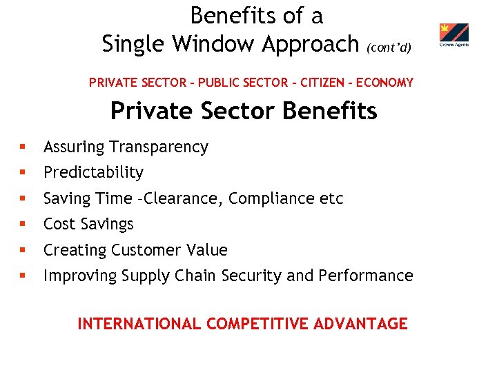 Benefits of a Single Window Approach (cont’d) PRIVATE SECTOR – PUBLIC SECTOR – CITIZEN