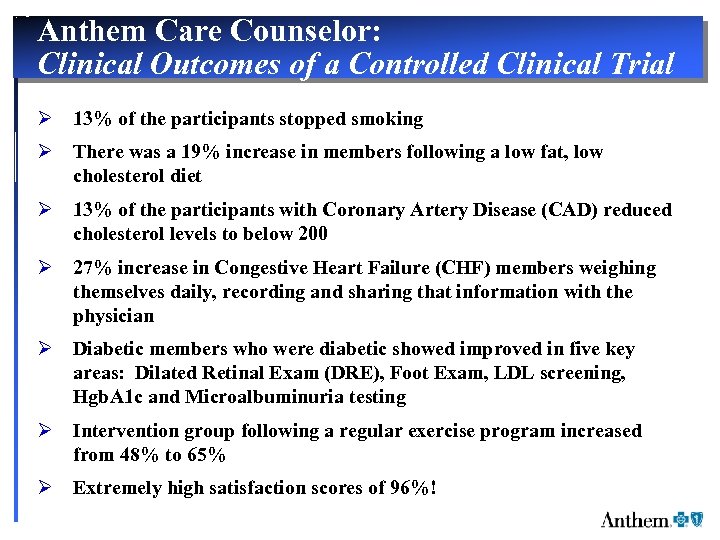 Anthem Care Counselor: Clinical Outcomes of a Controlled Clinical Trial Ø 13% of the