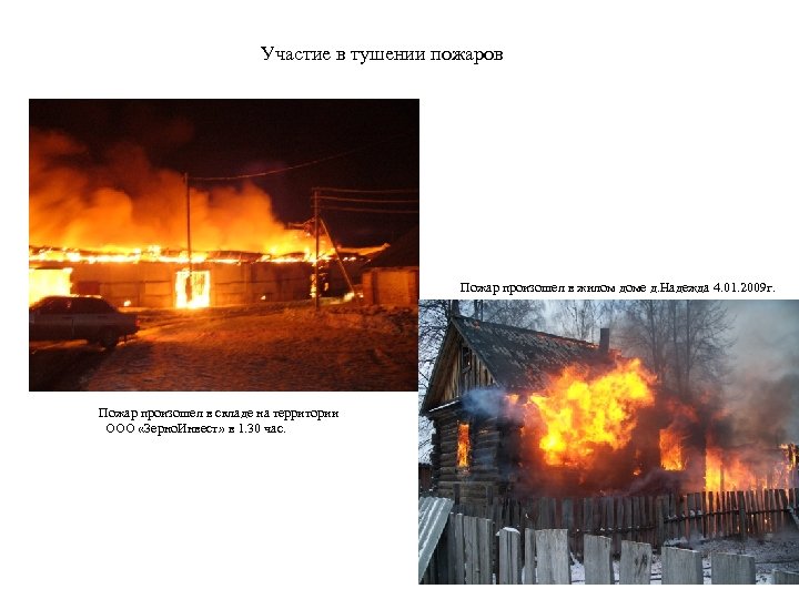 Участие в тушении пожаров Пожар произошел в жилом доме д. Надежда 4. 01. 2009