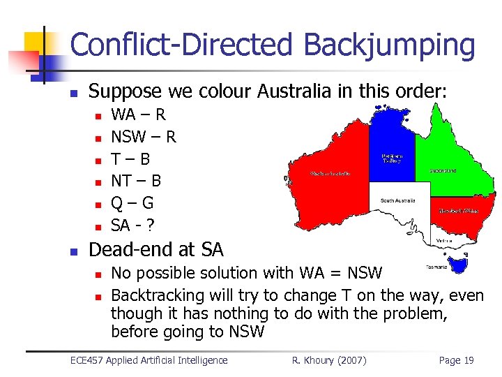 Conflict-Directed Backjumping n Suppose we colour Australia in this order: n n n n