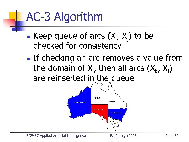 AC-3 Algorithm n n Keep queue of arcs (Xi, Xj) to be checked for