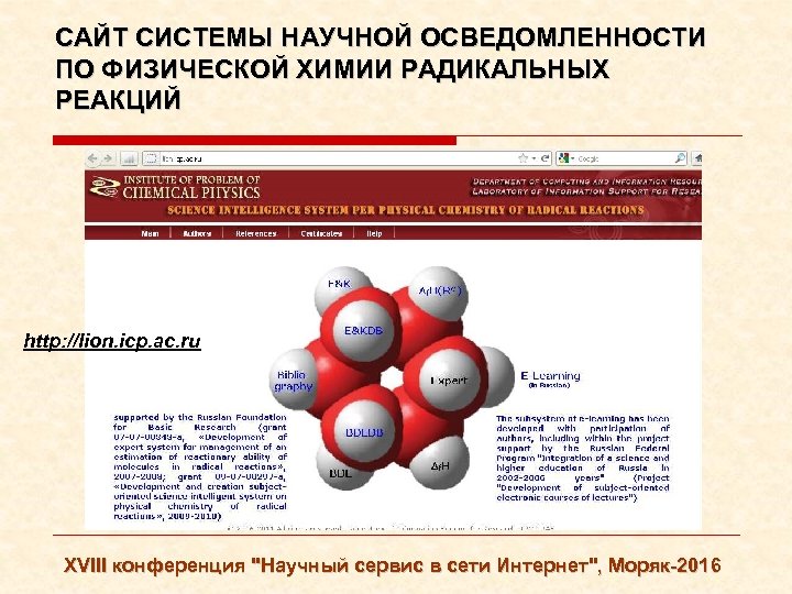 САЙТ СИСТЕМЫ НАУЧНОЙ ОСВЕДОМЛЕННОСТИ ПО ФИЗИЧЕСКОЙ ХИМИИ РАДИКАЛЬНЫХ РЕАКЦИЙ http: //lion. icp. ac. ru