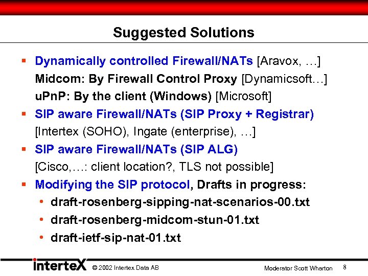 Suggested Solutions § Dynamically controlled Firewall/NATs [Aravox, …] Midcom: By Firewall Control Proxy [Dynamicsoft…]