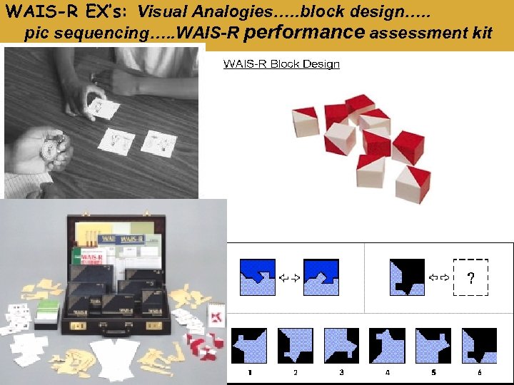 WAIS-R EX’s: Visual Analogies…. . block design…. . pic sequencing…. . WAIS-R performance assessment